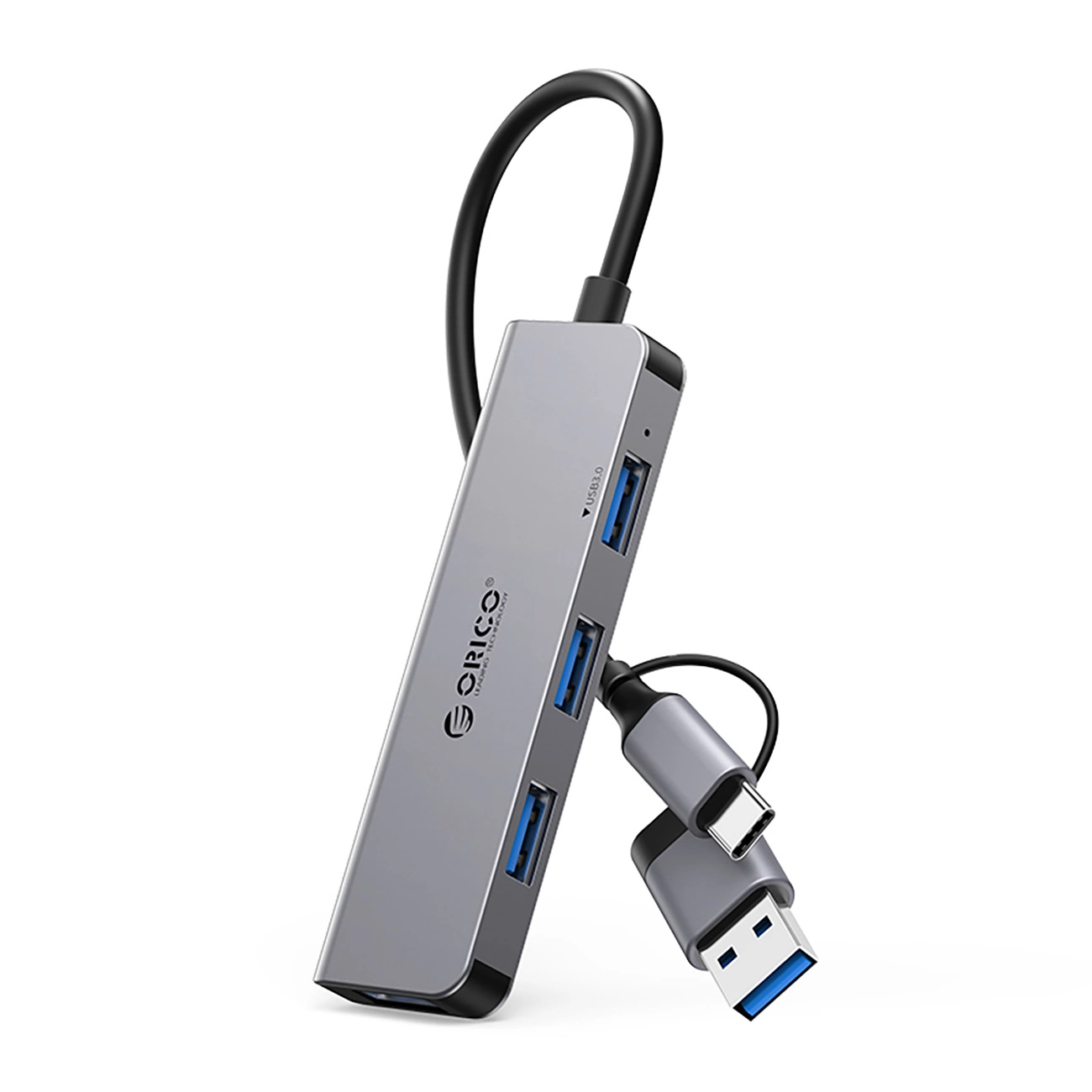 HUB 4-портовый вход 2в1: USB-A/USB-C / выход: 3x USB-A 2.0 + 1x 3.0 кабель 0.17M - серый