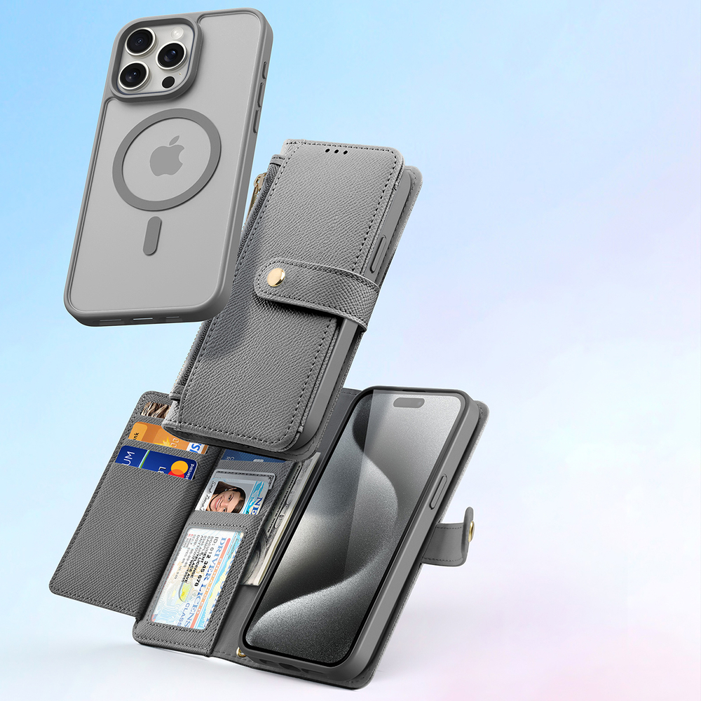 Dux Ducis iPhone 15 Pro Max atverams ādas vāciņš maciņš-grāmatiņa Lawa, pelēks