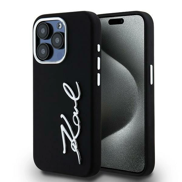 Karl Lagerfeld iPhone 15 Pro Max vāciņš Silicone Metal Script Logo, melns