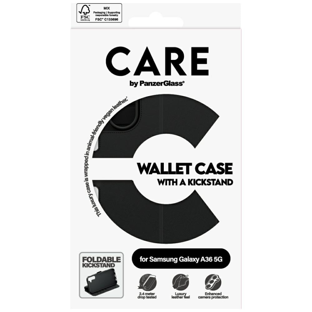 CARE by PanzerGlass atverams vāciņš maciņš grāmatiņa Samsung Galaxy A36 5G ar statīvu, melns