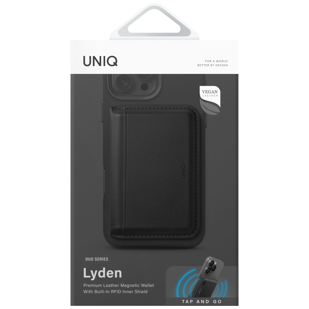 Uniq Lyden DS magnētisks karšu maciņš un statīvs ar RFID aizsardzību, melns