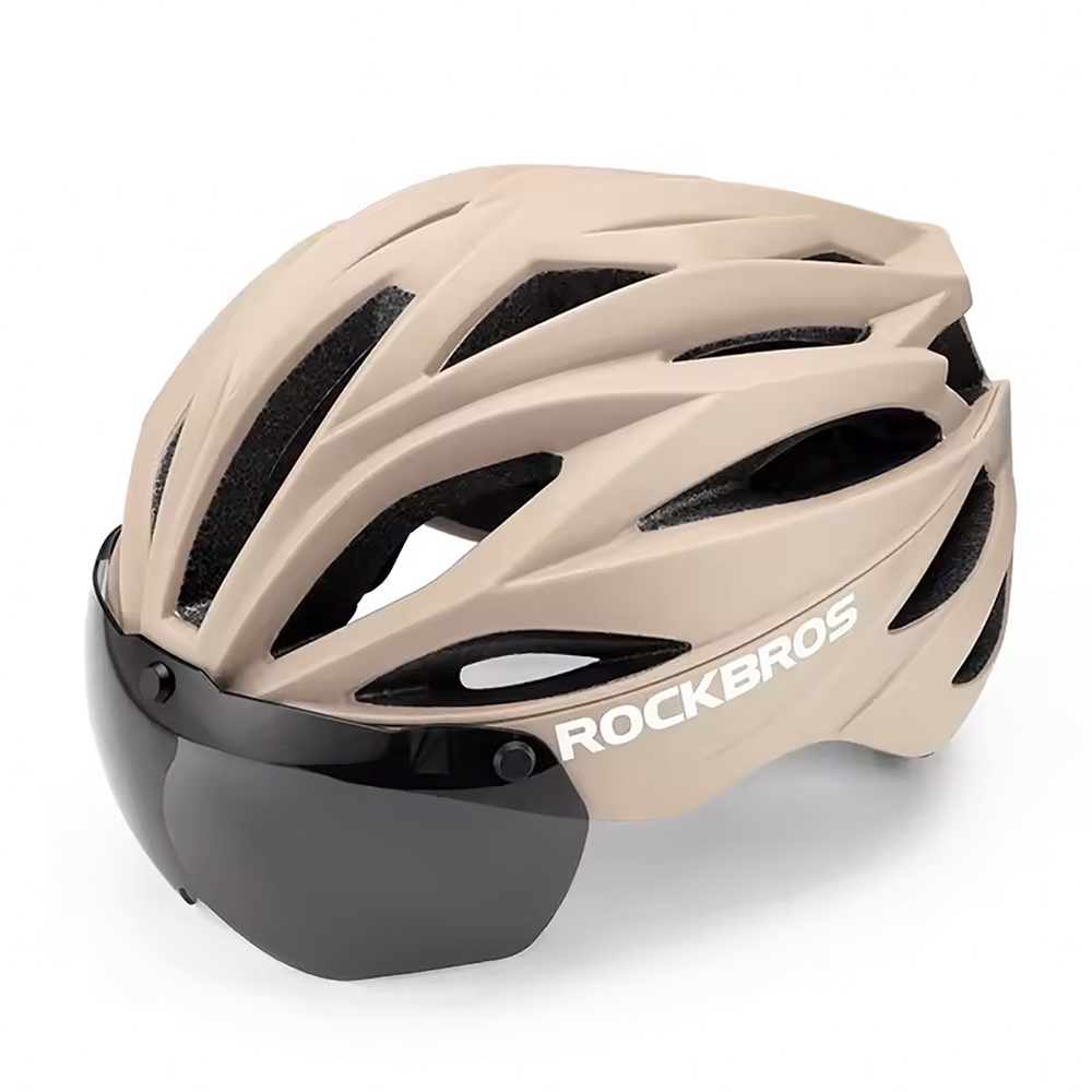 Rockbros Bike Helmet with Visor and Detachable UV Goggles, Brown