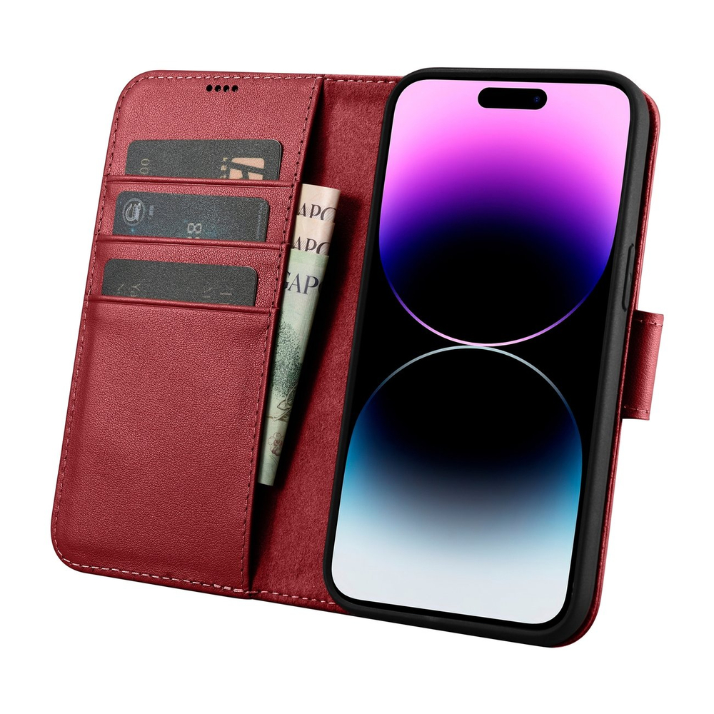 Icarer iPhone 14 Pro Max atverams ādas vāciņš maciņš-grāmatiņa 2in1 Anti-RFID, sarkans