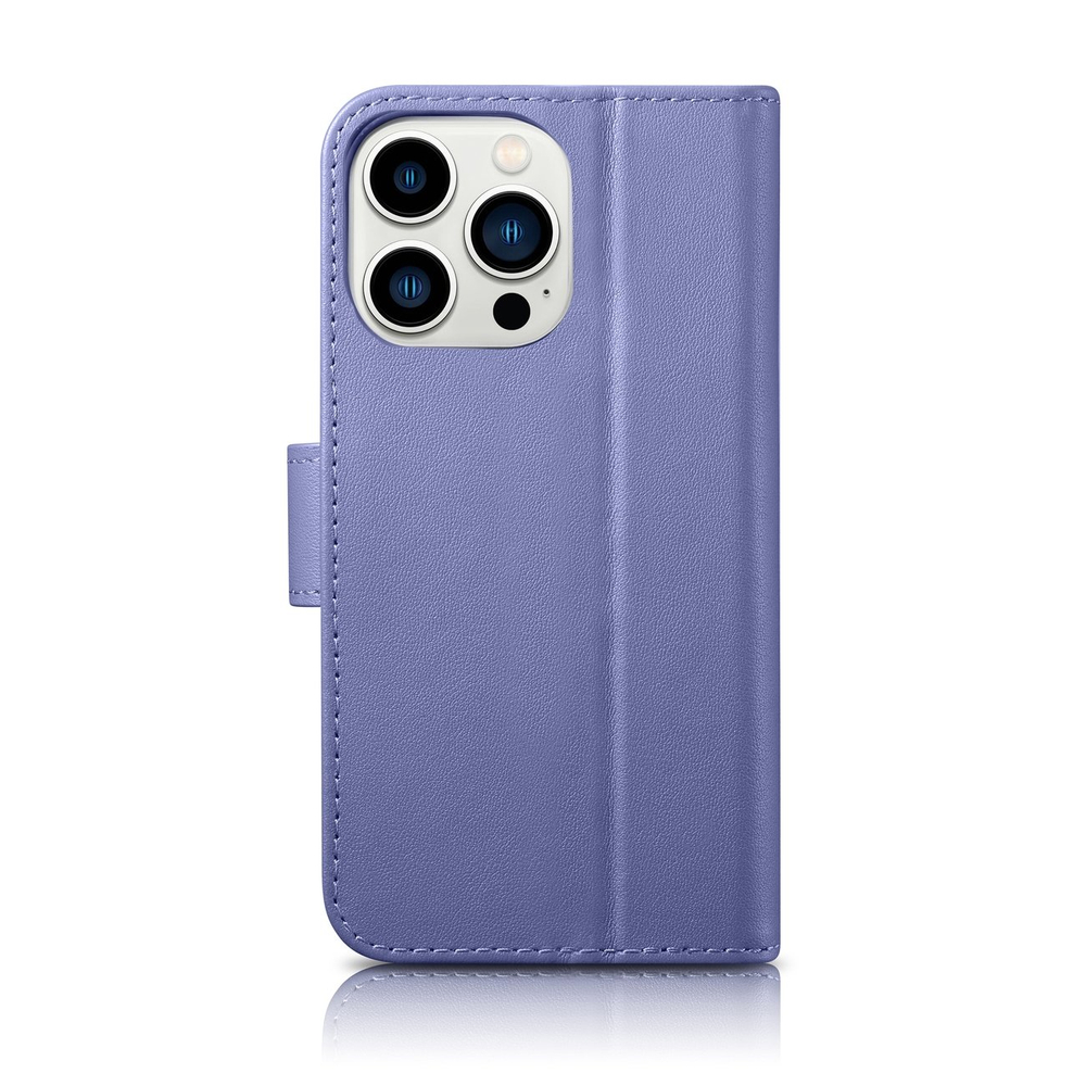 Icarer iPhone 14 Pro Max atverams ādas vāciņš maciņš-grāmatiņa 2in1 Anti-RFID, gaiši violets