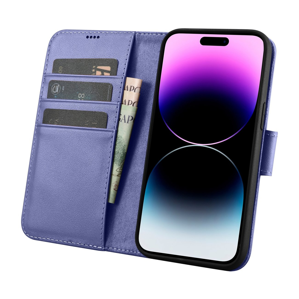 Icarer iPhone 14 Pro Max atverams ādas vāciņš maciņš-grāmatiņa 2in1 Anti-RFID, gaiši violets