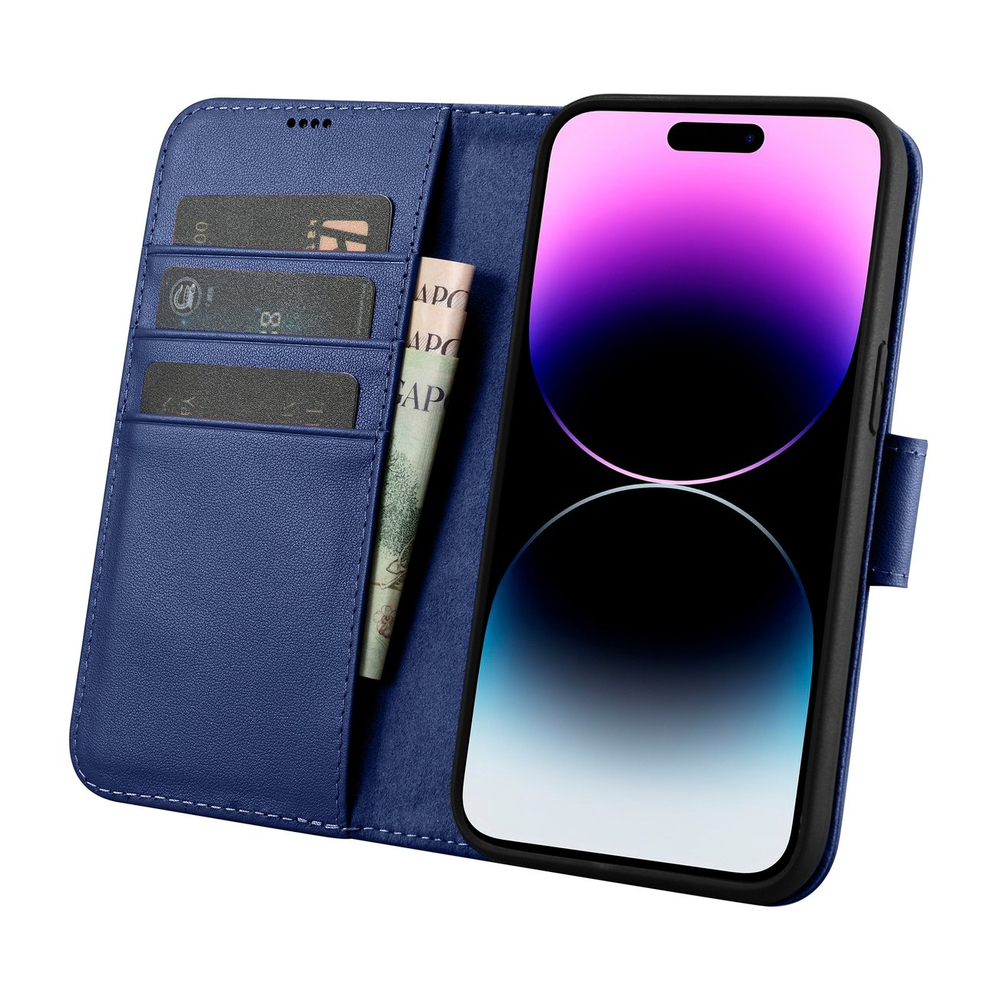 iCarer iPhone 14 Pro Max atverams ādas vāciņš maciņš-grāmatiņa 2in1 Anti-RFID, zils
