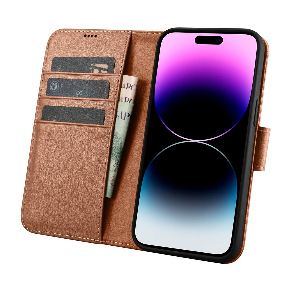 Кожаный чехол-книжка Icarer для iPhone 14 Pro Max 2in1 Anti-RFID, коричневый