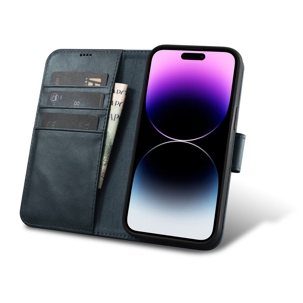 Icarer iPhone 14 Pro Max atverams ādas vāciņš maciņš-grāmatiņa Oil Wax 2in1, zils
