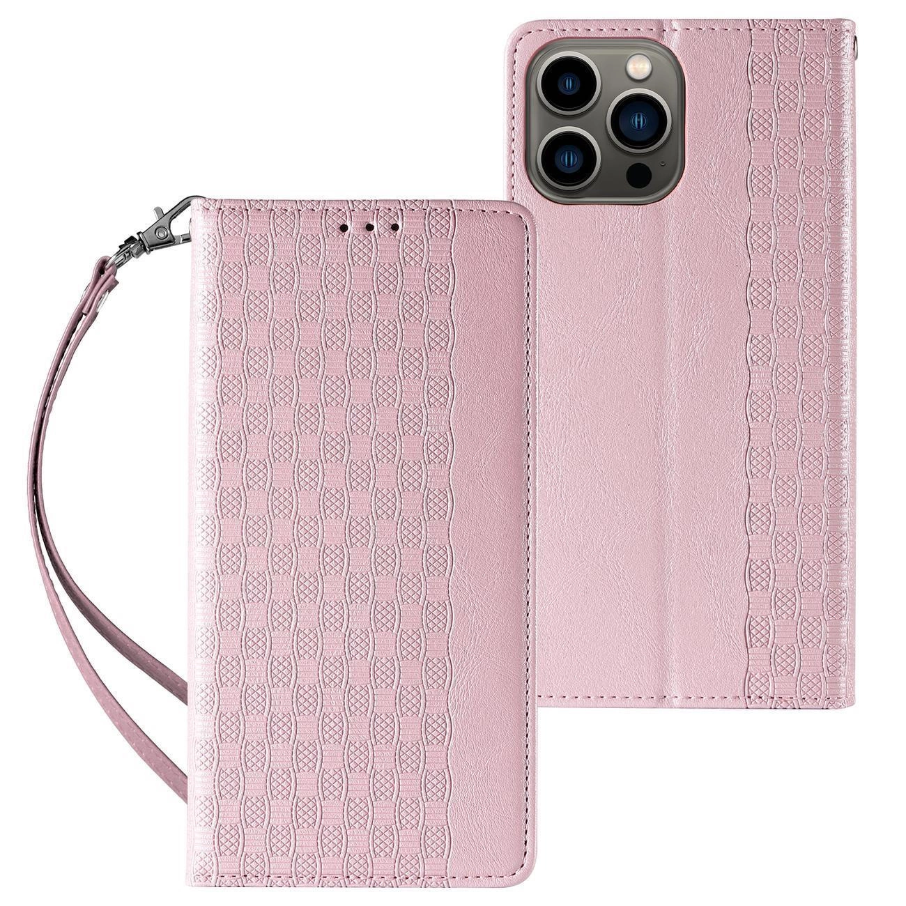 Magnet Strap Case for iPhone 14 Pro Max Flip Wallet with Lanyard, Pink