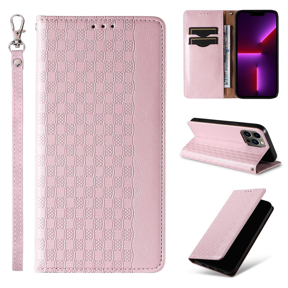 Magnet Strap Case for iPhone 14 Pro Max Flip Wallet with Lanyard, Pink