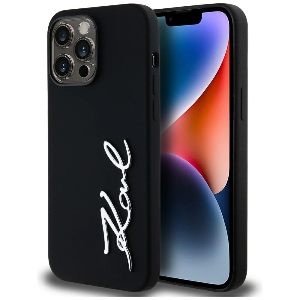 Karl Lagerfeld Silicone Metal Script Logo Phone Case Cover iPhone 14 Pro Max Black