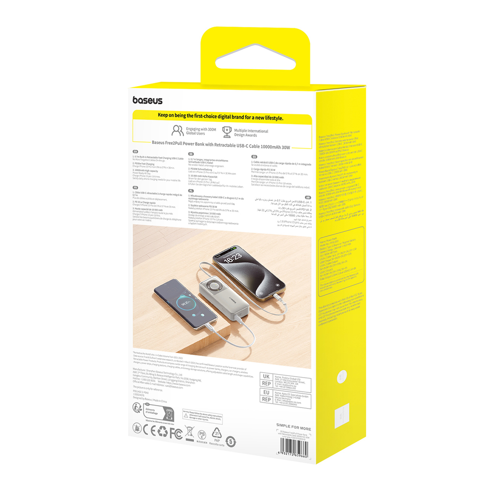 Baseus Free2Pull 10000mAh 30W powerbank with USB-C port and retractable USB-C cable - gray