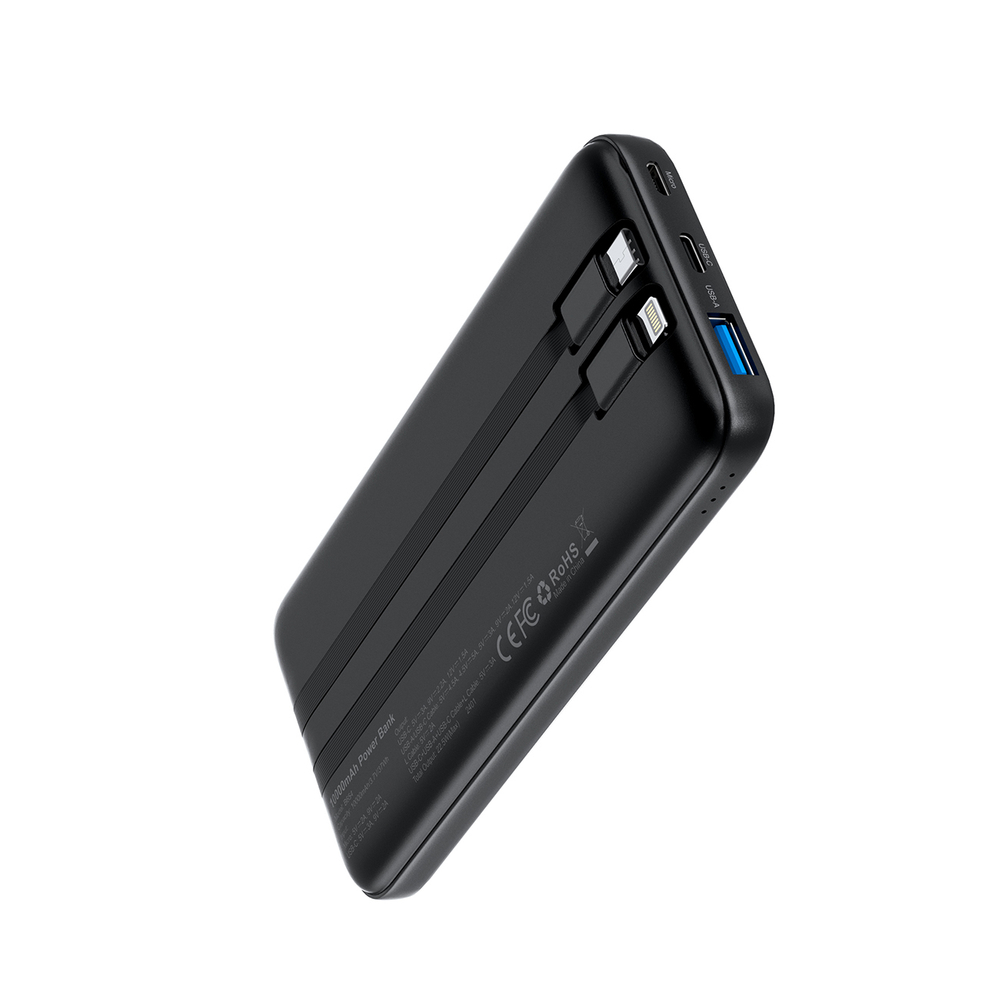 Choetech B654 Power Bank 10000mAh 22.5W with Built-in Cables, Black