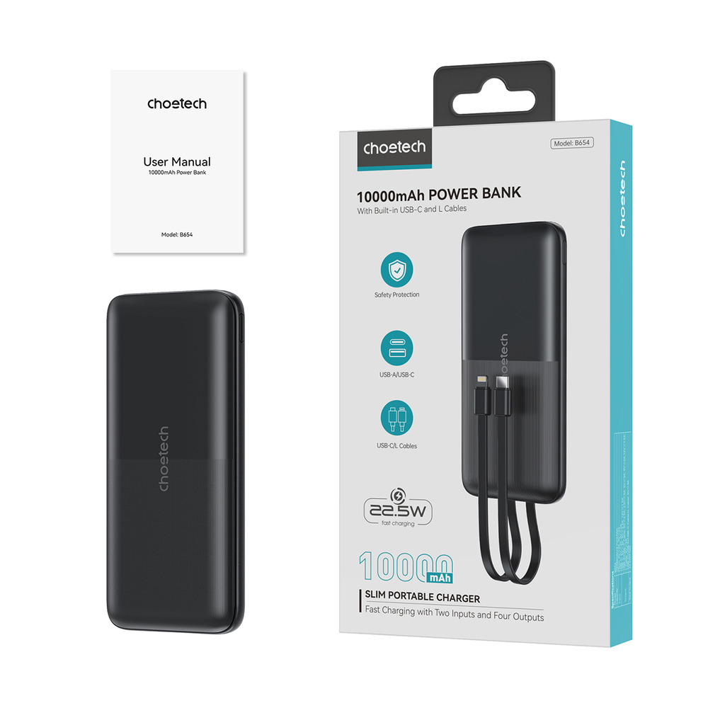 Choetech B654 Power Bank 10000mAh 22.5W with Built-in Cables, Black