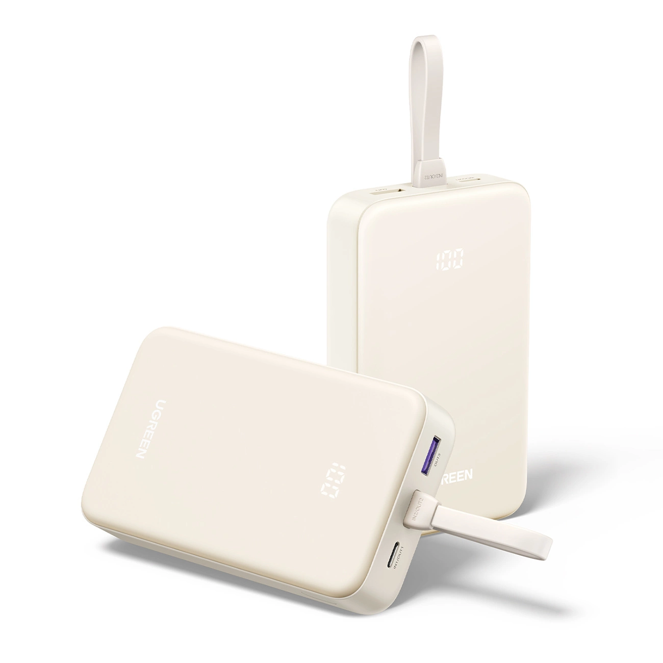 Ugreen PB505 Powerbanka 20000mAh 22.5W ar USB-C, USB-A un iebūvētu USB-C kabeli - Balta | Powerbank Built-In Cable...