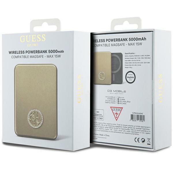 Guess MagSafe 4G Strassed Metal Logo Wireless Power Bank 5000mAh, Gold
