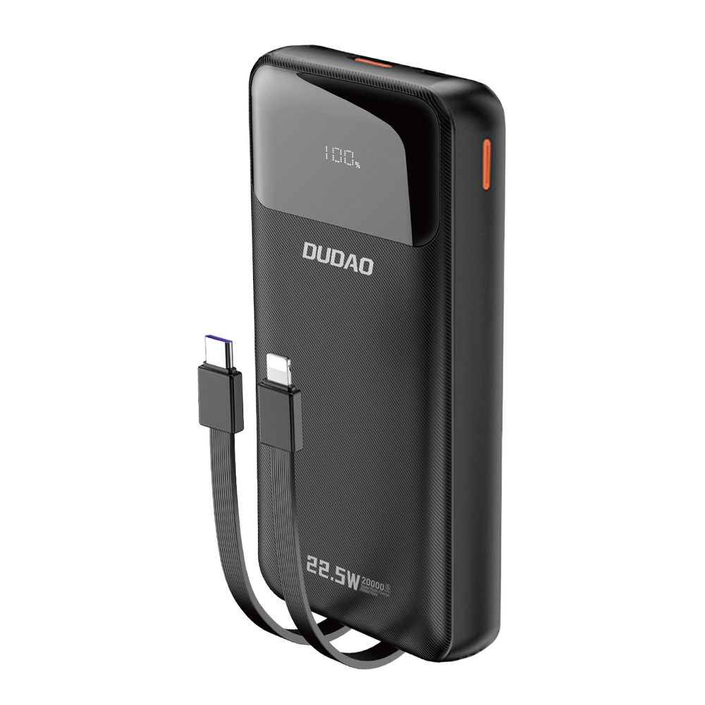 Dudao K15Pro Power Bank 20000mAh 22.5W PD USB-C / USB-A Iebūvēti Lightning un kabeļi - Melns | Built-In And Cables...
