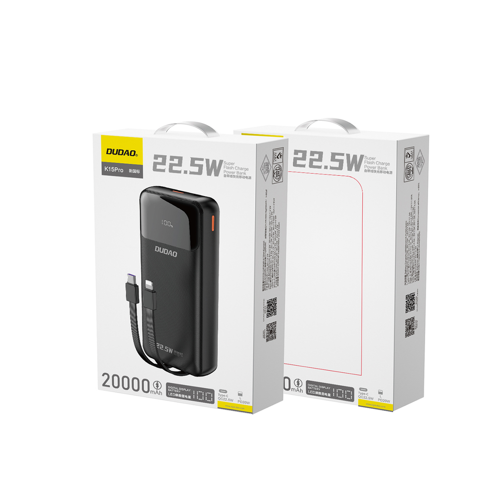 Dudao K15Pro 20000mAh 22.5W Power Bank with Built-in Cables Black