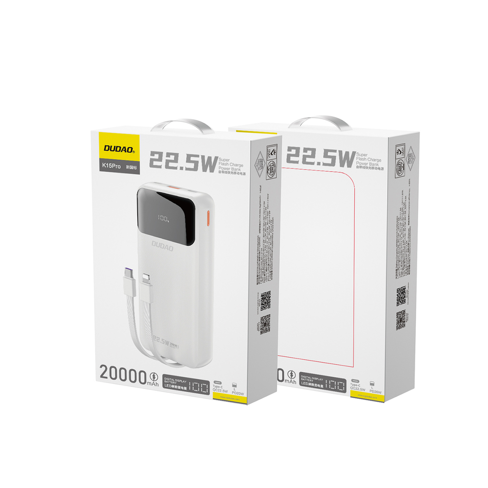 Dudao K15Pro Power Bank 20000mAh 22.5W with Built-in Cables, White