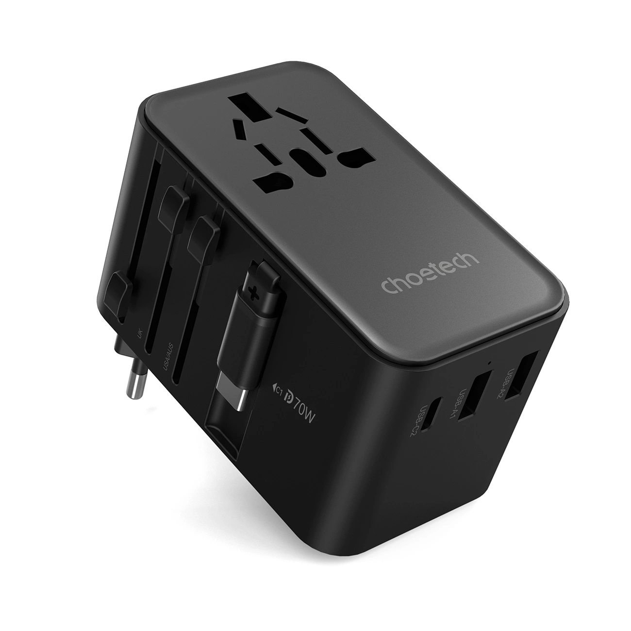 Choetech PD5022 70W ceļojumu adapteris ar EU/US/AUS/UK spraudņiem un iebūvētu USB-C kabeli - Melns | Travel Adapter...