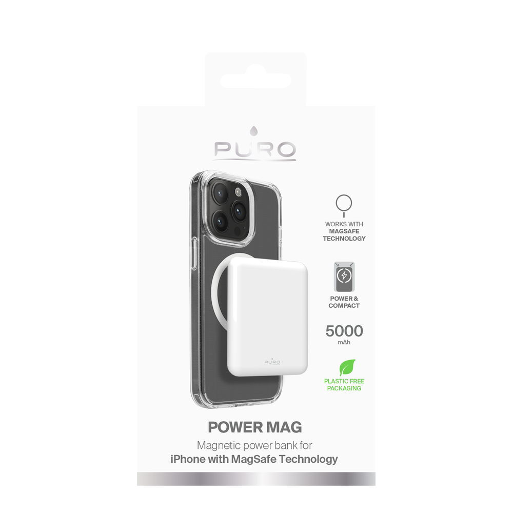 Puro Power Mag 5000mAh Power Bank with MagSafe, White