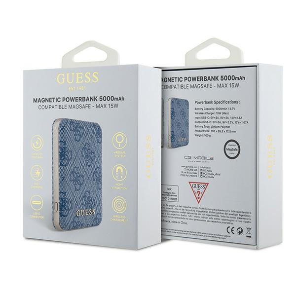 Guess 5000mAh 15W Wireless Power Bank 4G Leather Metal Logo, Blue