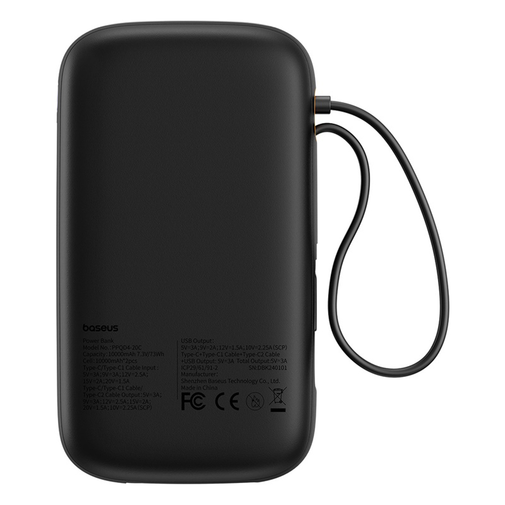 Baseus QPow 2 20000mAh 30W Power Bank with 2 Built-in USB-C Cables - Black