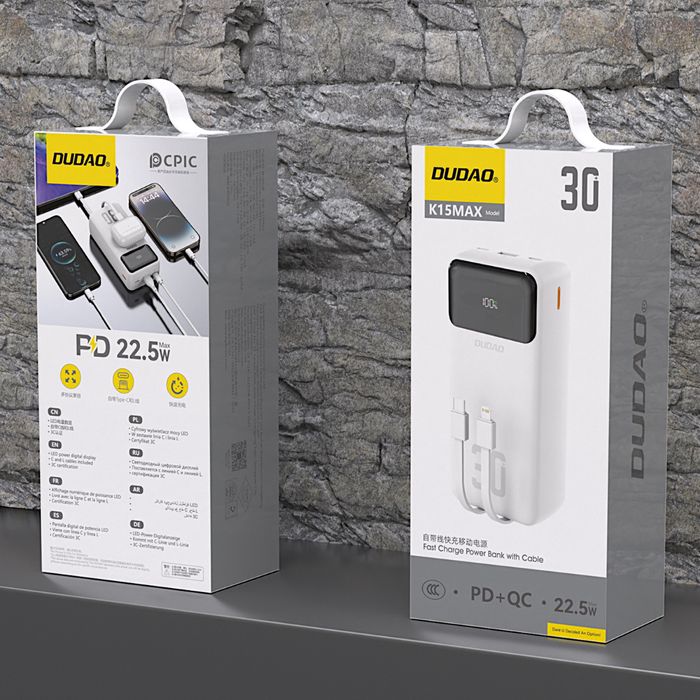 Dudao K15MAX 30000mAh PD 22.5W Powerbank with Built-in Cables - White