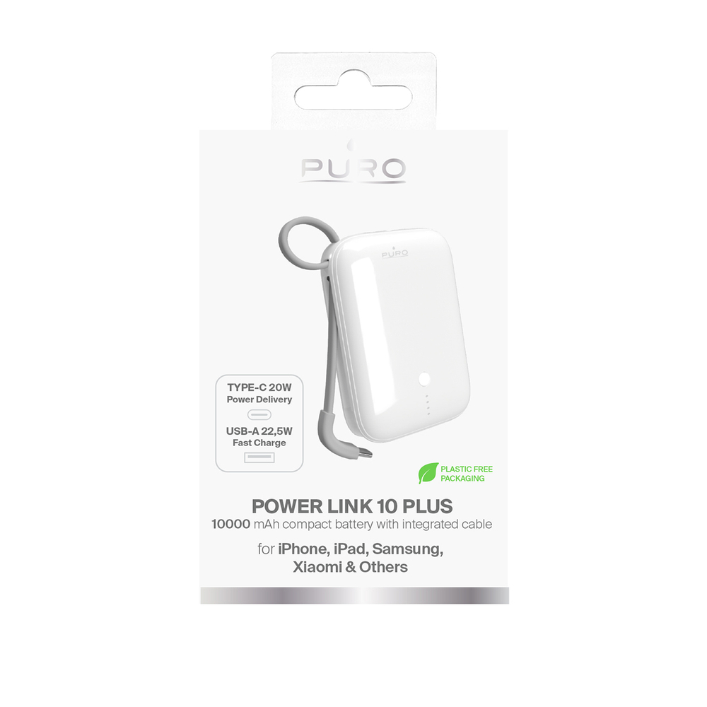 Puro Power Link 10 Plus 10000mAh Power Bank with Built-in USB-C Cable, White