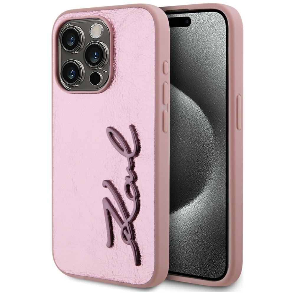 Karl Lagerfeld iPhone 15 Pro Max vāciņš Wrinkled Metal Signature, rozā