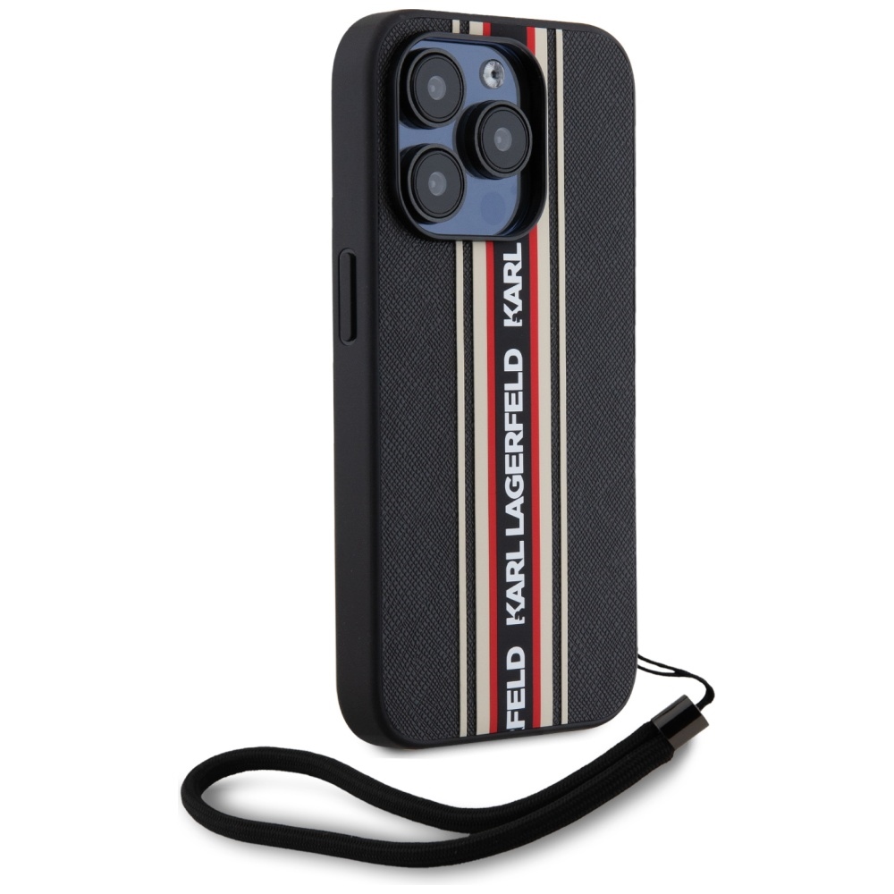Karl Lagerfeld iPhone 15 Pro Max Case Saffiano Athleisure Stripes Cord, Red