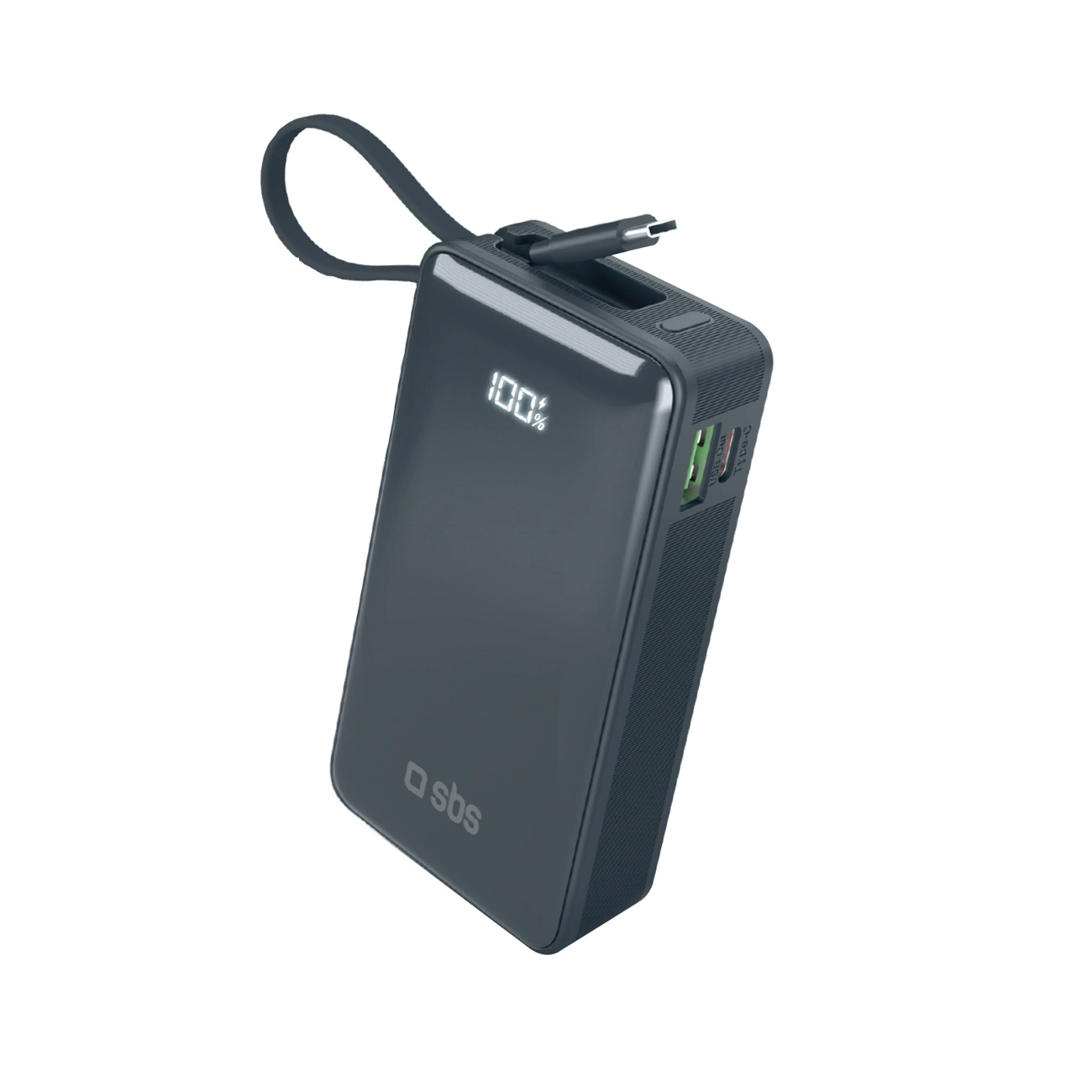 SBS 10000 mAh 20W Power Bank with Built-in USB-C Cable and LCD, Dark Gray