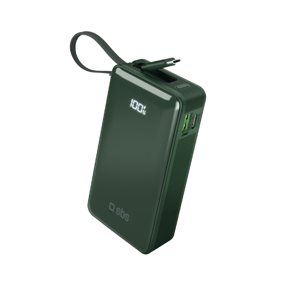 Sbs 10000 mAh 20W Powerbank with Built-in USB-C Cable, Green