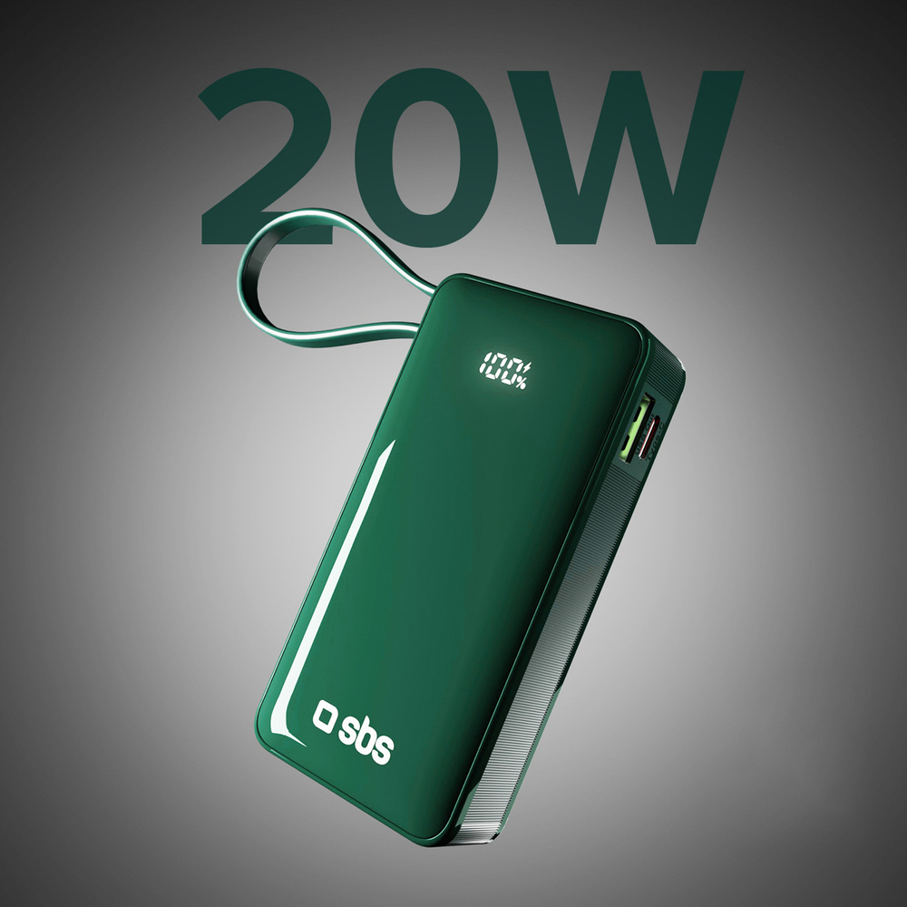 Sbs 10000 mAh 20W Powerbank with Built-in USB-C Cable, Green