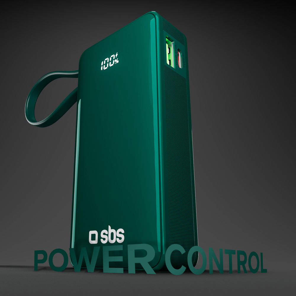 Sbs 10000 mAh 20W Powerbank with Built-in USB-C Cable, Green