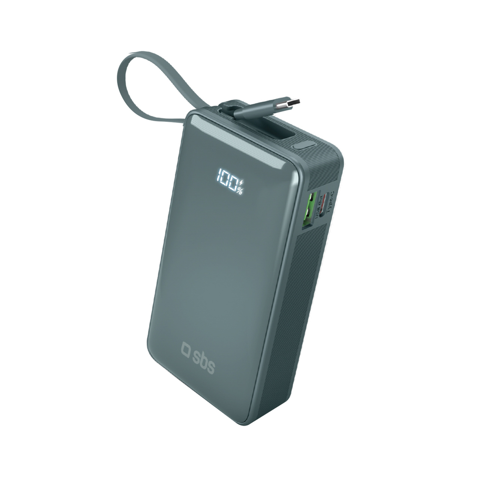 Sbs 10000 mAh 20W Power Bank with Built-in USB-C Cable, Gray