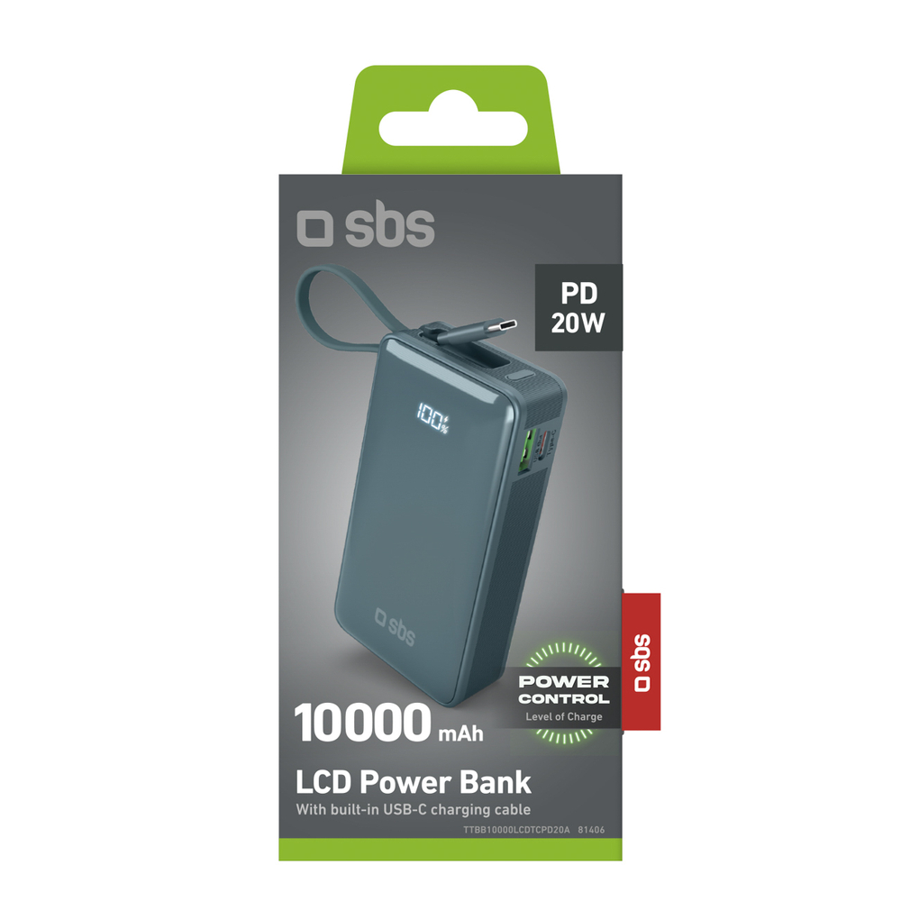 Sbs 10000 mAh 20W Power Bank with Built-in USB-C Cable, Gray
