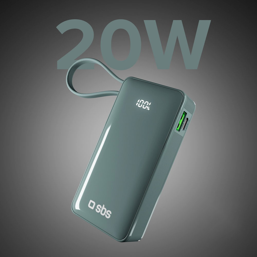 Sbs 10000 mAh 20W Power Bank with Built-in USB-C Cable, Gray