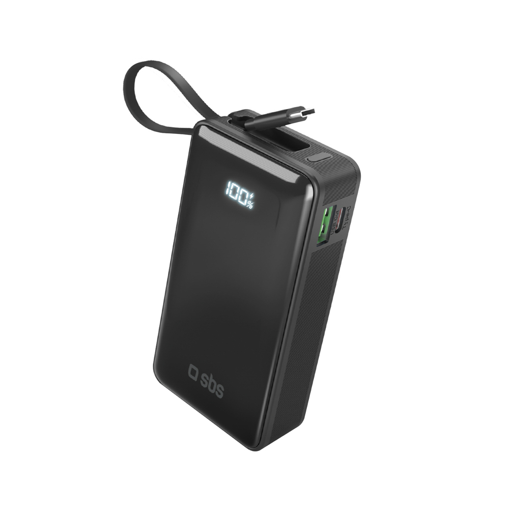 Sbs 10000 mAh 20W Power Bank with Built-in USB-C Cable, Black