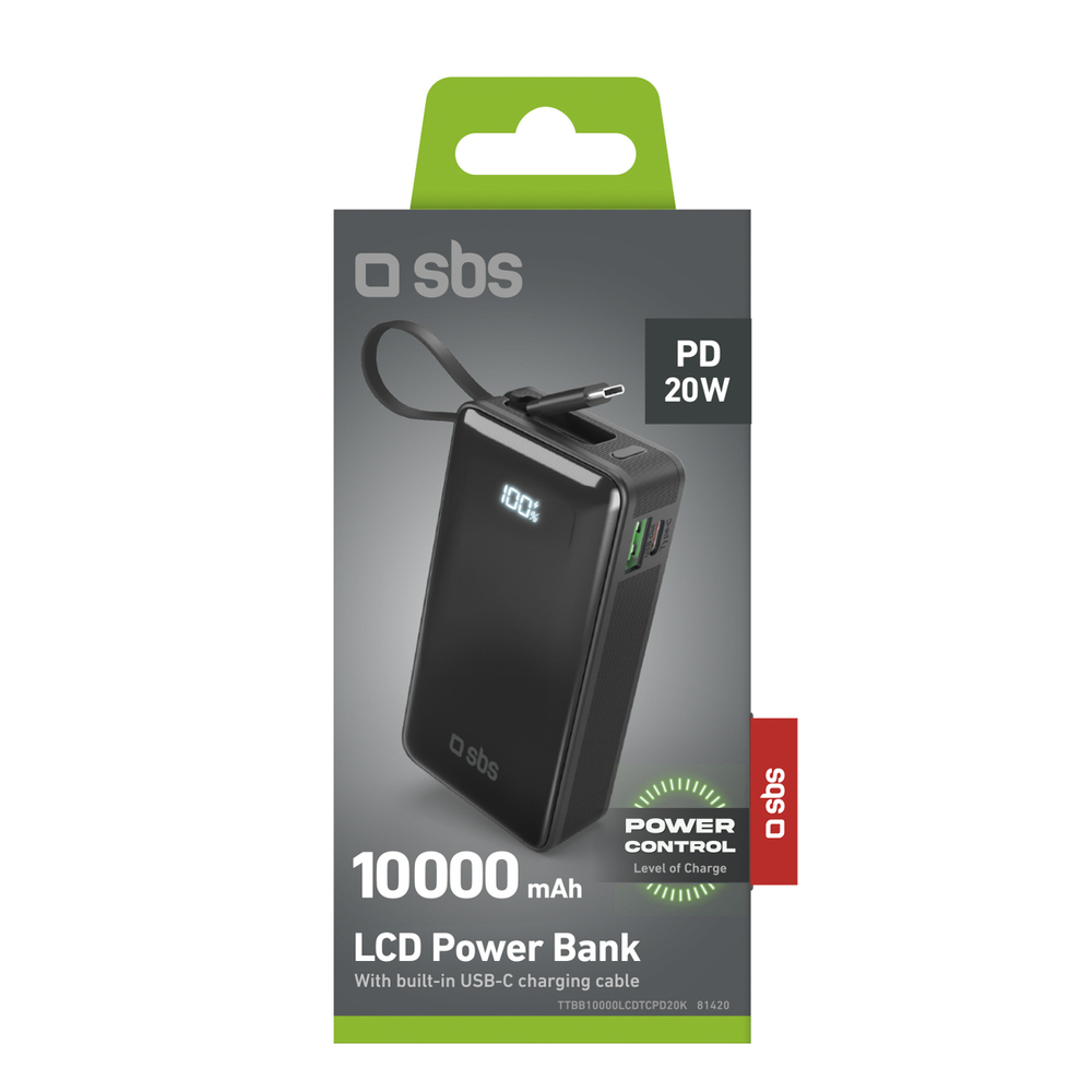 Sbs 10000 mAh 20W ārējais akumulators ar iebūvētu USB-C kabeli, melns