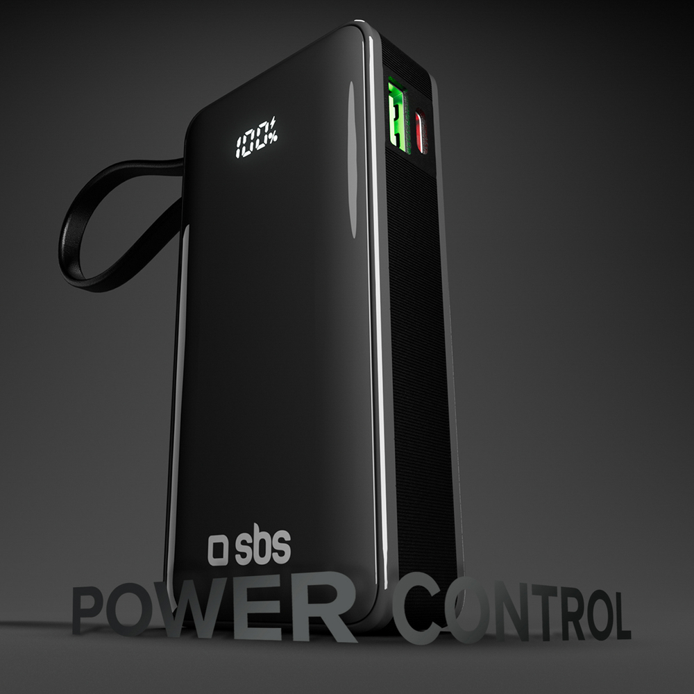 Sbs 10000 mAh 20W ārējais akumulators ar iebūvētu USB-C kabeli, melns