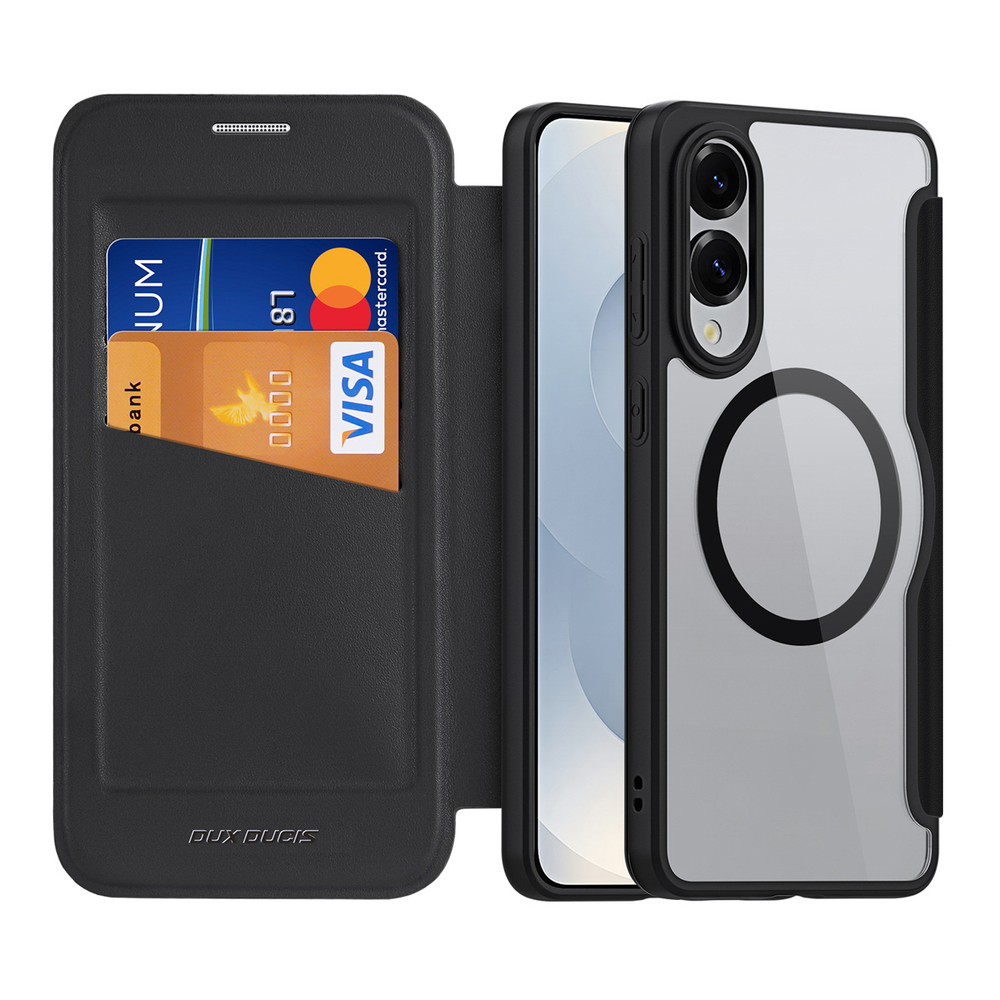 Dux Ducis Samsung Galaxy S25 Edge atverams vāciņš maciņš grāmatiņa Skin X Pro ar MagSafe, melns