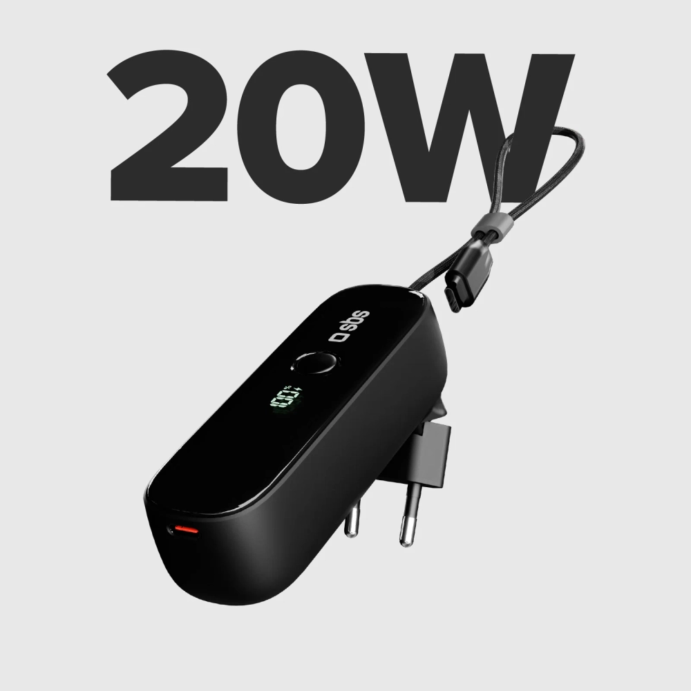 SBS Hybrid 5000mAh Power Bank with PD 20W and Built-in Cable, Black