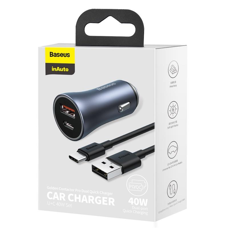 Baseus Golden Contactor Pro автомобильное зарядное устройство USB-C / USB-A 40W PD QC 4+...