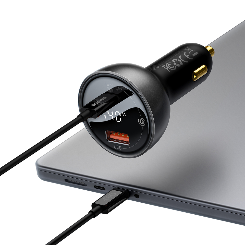 Baseus digitālais ātrais auto lādētājs ar displeju USB-A / USB-C PD3.1 140W melns + USB-C kabelis Baseus Superior... (2)