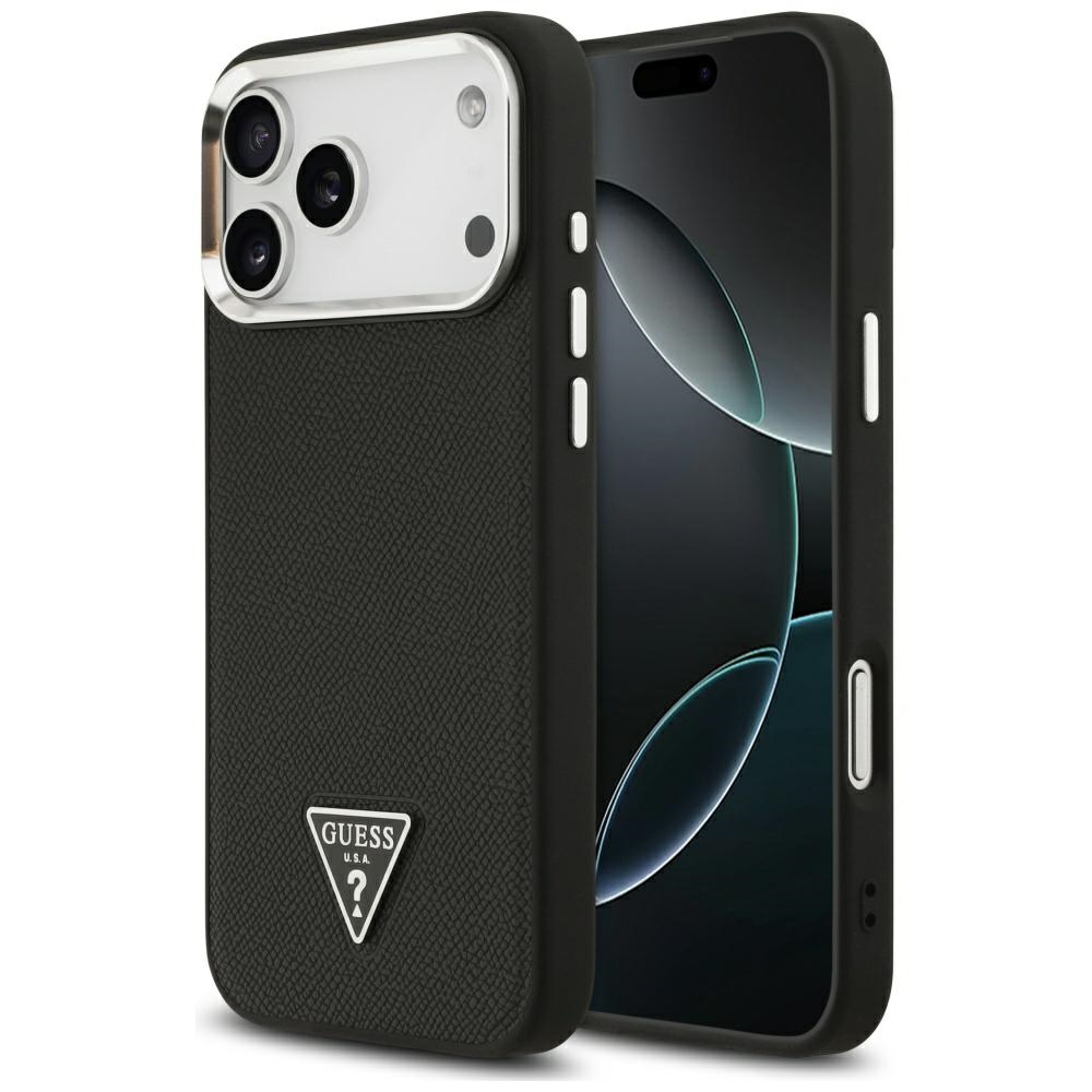 Guess MagSafe vāciņš ar graudainu tekstūru un trijstūra logotipu iPhone 17 Pro Max – melns | Phone Case Cover