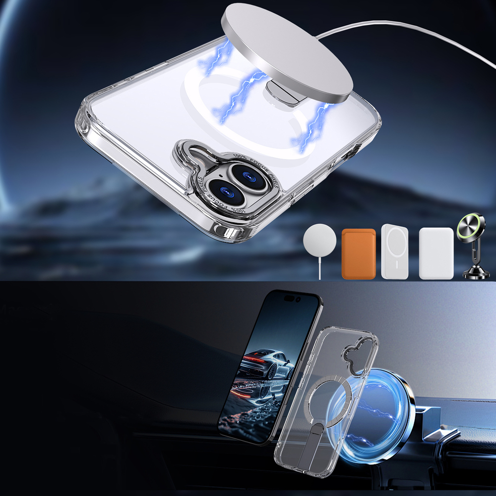 Hybrid Armor X iPhone 17 vāciņš ar statīvu un MagSafe, caurspīdīgs
