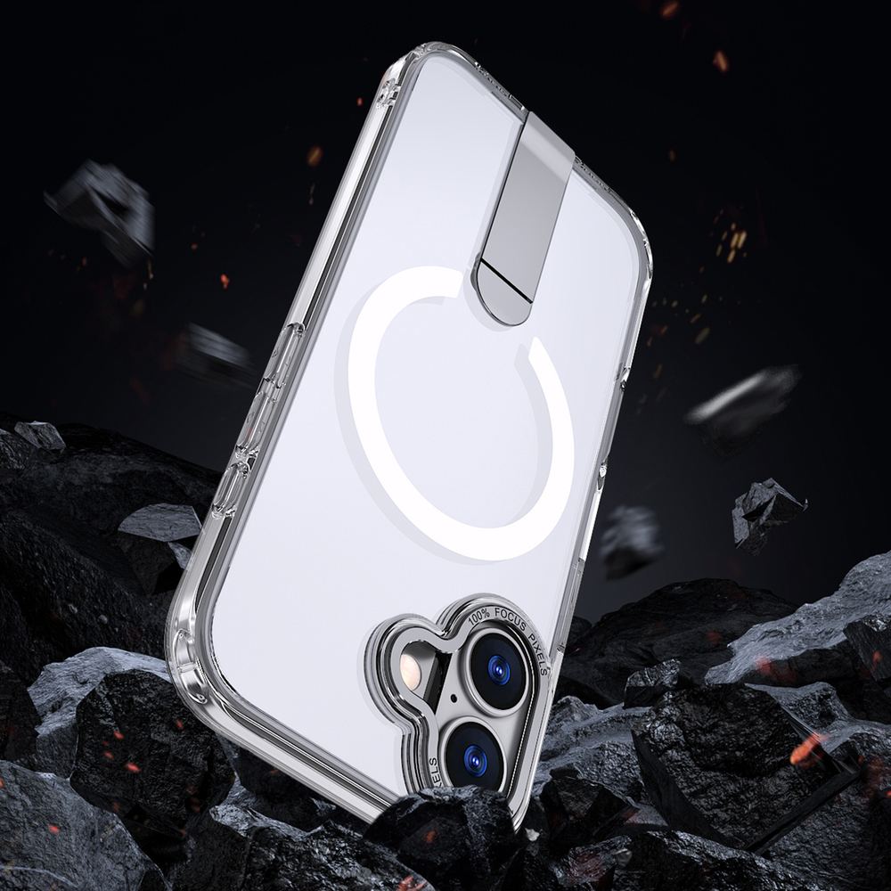 Hybrid Armor X iPhone 17 vāciņš ar statīvu un MagSafe, caurspīdīgs