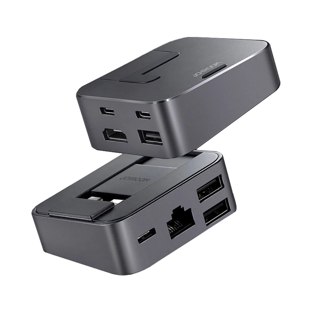 Hub Joyroom S-H121 USB-C statīvs – USB-A 3.0 / RJ45 / HDMI / USB-C / Thunderbolt MacBook Pro datoriem – pelēks