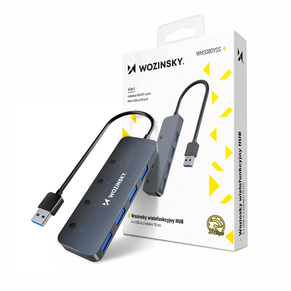 USB-A хаб Wozinsky WHS080YSS 4 x USB-A 3.0 с индивидуальными выключателями,...